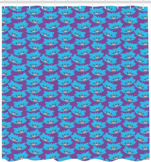 Alice in Wonderland Shower Curtain - Cheshire Cat Cartoon Animal Design on Purple Background, Cloth Fabric Bathroom Decors
