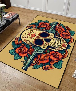 Americana Tattoo Style Sugar Skull and Gun Print on Personalized Area Rug