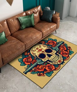 Americana Tattoo Style Sugar Skull and Gun Print on Personalized Area Rug