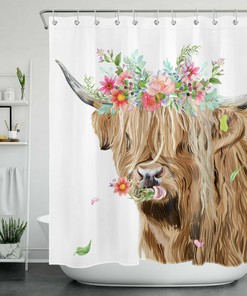 Animal Highland Cow Shower Curtain with Spring Flowers for Bathroom Decor