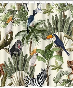 Animals Shower Curtain with Monkey Toucan Zebra and Leopard for Bathroom Decor