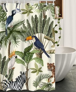 Animals Shower Curtain with Monkey Toucan Zebra and Leopard for Bathroom Decor