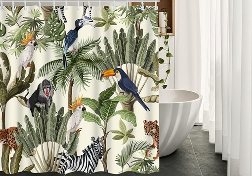 Animals Shower Curtain with Monkey Toucan Zebra and Leopard for Bathroom Decor