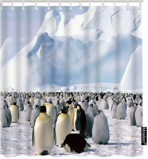 Antic Penguin Shower Curtain with White Snow Mountain and Iceberg for Bathroom Decor