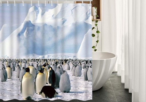 Antic Penguin Shower Curtain with White Snow Mountain and Iceberg for Bathroom Decor