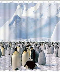 Antic Penguin Shower Curtain with White Snow Mountain and Iceberg for Waterproof Bathroom Decor