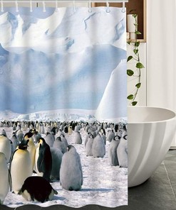 Antic Penguin Shower Curtain with White Snow Mountain and Iceberg for Waterproof Bathroom Decor