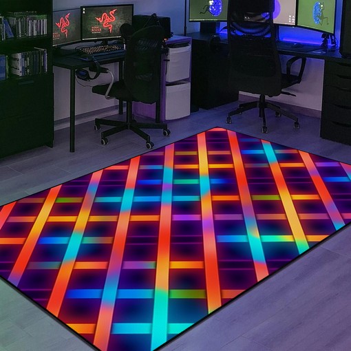 Arcade Pattern Neon Grid Seamless Pattern in Old 80s Area Rug