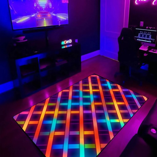 Arcade Pattern Neon Grid Seamless Pattern in Old 80s Area Rug