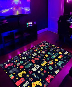 Arcade Pattern Rug, Classic Game Sound Effects - Customizable Gamer Rug for Home Decor