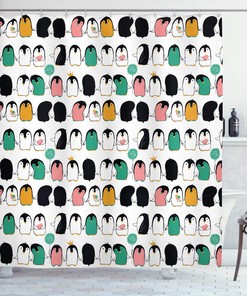 Arctic Characters Holding Hands Ice Cream Balloons and Hearts Penguin Shower Curtain for Bathroom Decor, Cloth Fabric, Funny Art 