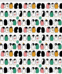 Arctic Characters Holding Hands Ice Cream Balloons and Hearts Penguin Shower Curtain for Bathroom Decor, Cloth Fabric, Funny Art