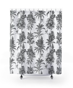 Artistic Boho Monkey Jungle Shower Curtain - Black and White Boho Pattern Bathroom Decor