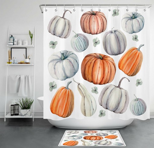 Artistic Watercolor Pumpkins Shower Curtain for Farmhouse Autumn Harvest Bathroom Decor