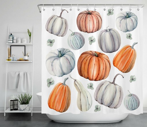 Artistic Watercolor Pumpkins Shower Curtain for Farmhouse Autumn Harvest Bathroom Decor