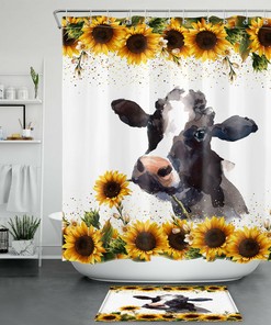 Autumn Farmhouse Funny Cow Sunflower Shower Curtain for Bathroom Decor