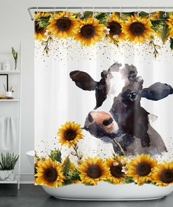 Autumn Farmhouse Funny Cow Sunflower Shower Curtain for Bathroom Decor