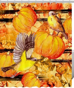 Autumn Flowers and Pumpkins Shower Curtain with Birds for Harvest Bathroom Decor 