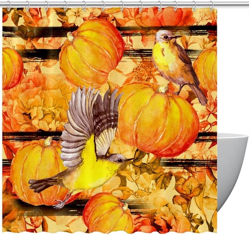 Autumn Flowers and Pumpkins Shower Curtain with Birds for Harvest Bathroom Decor