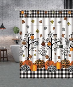 Autumn Pumpkin Shower Curtain with Rustic Fall Floral and Buffalo Check Plaid Background - Farmhouse Bathroom Decor
