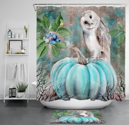 Autumn Pumpkin White Owl Shower Curtain - Cute Halloween Bathroom Decor - Waterproof Fabric Bathroom Curtain