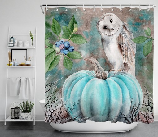 Autumn Pumpkin White Owl Shower Curtain - Cute Halloween Bathroom Decor - Waterproof Fabric Bathroom Curtain