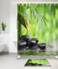 Bamboo Fountain and Zen Stone Waterfall Shower Curtain for a Relaxing Bath