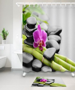 Bamboo Orchid Spa Zen Stones Waterfall Shower Curtain for a Serene Bath Experience