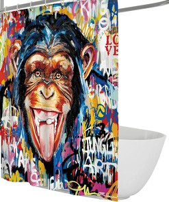 Banksy Style Street Art Shower Curtain with Interesting Monkey Watercolor Painting for Unique Bathroom Decor
