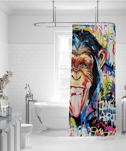 Banksy Style Street Art Shower Curtain with Interesting Monkey Watercolor Painting for Unique Bathroom Decor