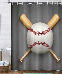 Baseball Leather Ball and Wooden Bats Fabric Gray Shower Curtain for Sports Bathroom