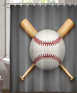 Baseball Leather Ball and Wooden Bats Fabric Gray Shower Curtain for Sports Bathroom