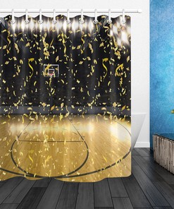 Basketball Stadium with Golden Confetti Shower Curtain for a Sports Lover's Bath