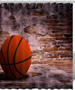 Basketball and Wall Shower Curtain for Sports Bathroom Decor 