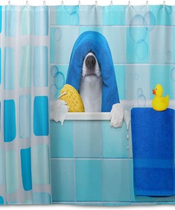 Bathing Dog Pattern Shower Curtain - Waterproof Fabric Home Bathroom Hotel Spa Decor