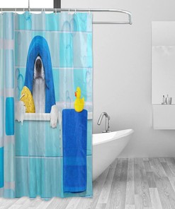 Bathing Dog Pattern Shower Curtain - Waterproof Fabric Home Bathroom Hotel Spa Decor
