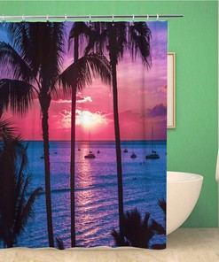Beach Colorful Hawaii Sunset Palm Trees Aerial Authenticity Escape Waterproof Bathroom Decor Shower Curtain