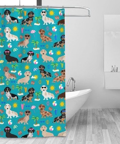 Beach Day Dachshund Summer Shower Curtain for Holiday Bathroom Decoration