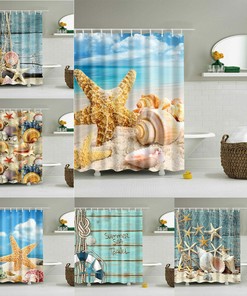 Beach Ocean Shower Curtain with Shells, Starfish and Fishing Nets for Your Seaside Bathroom Decor