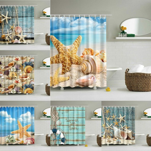 Beach Ocean Shower Curtain with Shells, Starfish and Fishing Nets for Your Seaside Bathroom Decor