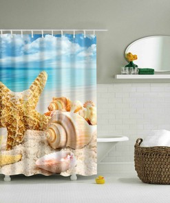 Beach Ocean Shower Curtain with Shells, Starfish and Fishing Nets for Your Seaside Bathroom Decor
