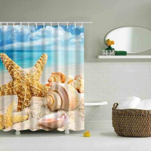 Beach Ocean Shower Curtain with Shells, Starfish and Fishing Nets for Your Seaside Bathroom Decor