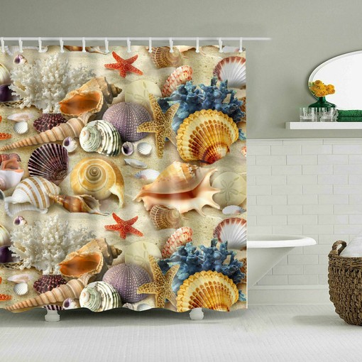 Beach Ocean Shower Curtain with Shells, Starfish and Fishing Nets for Your Seaside Bathroom Decor