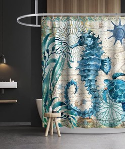 Beach Theme Sea Turtle Shower Curtain - Fabric Bathroom Curtain with Sea Horse