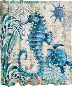 Beach Theme Sea Turtle Shower Curtain - Fabric Bathroom Curtain with Sea Horse