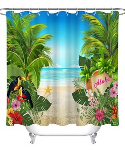 Beach Tropical Plants Green Leaves Floral Waterfall Shower Curtain for a Coastal Bath Decor