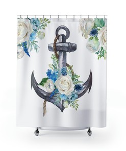 Beachy Nautical Anchor Ocean Shower Curtain for Coastal Bathroom Decor