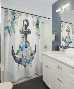 Beachy Nautical Anchor Ocean Shower Curtain for Coastal Bathroom Decor
