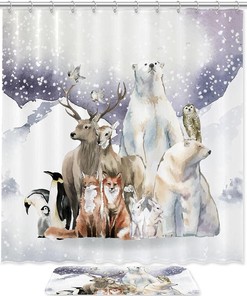 Bear Fox Penguin Animal Shower Curtain with Winter Forest Print for Bathroom