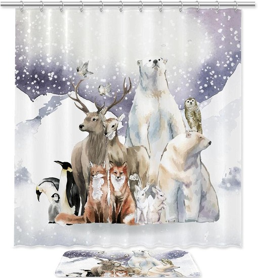 Bear Fox Penguin Animal Shower Curtain with Winter Forest Print for Bathroom